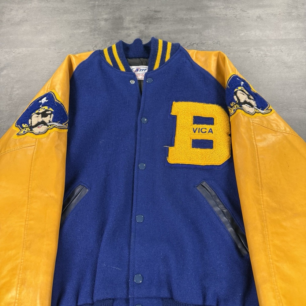 Vintage Neff Varsity Jacket Mens Large Blue Yellow Pirates Wool Leather Bomber